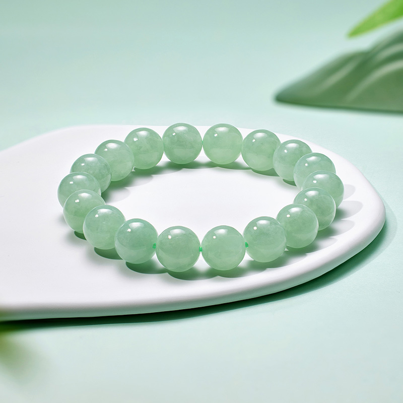 六福珠宝光面圆珠翡翠手串男士10.5-11mm翡翠玉石手链F21J0004DS