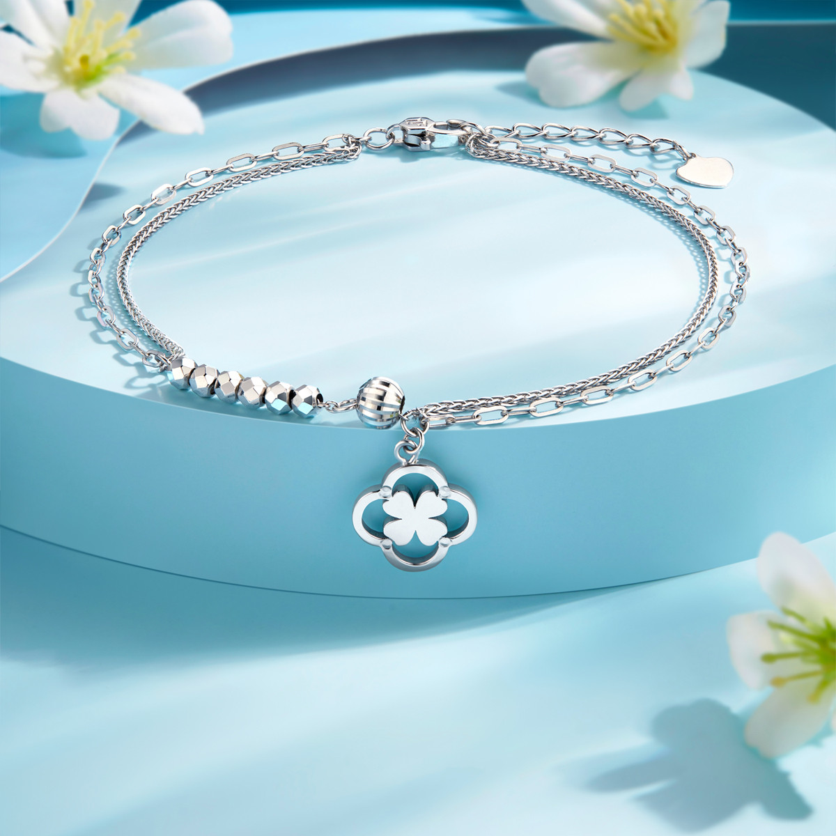 六福珠宝四叶草双层铂金手链铂950蹦迪珠白金手链计价G07TBPB0019