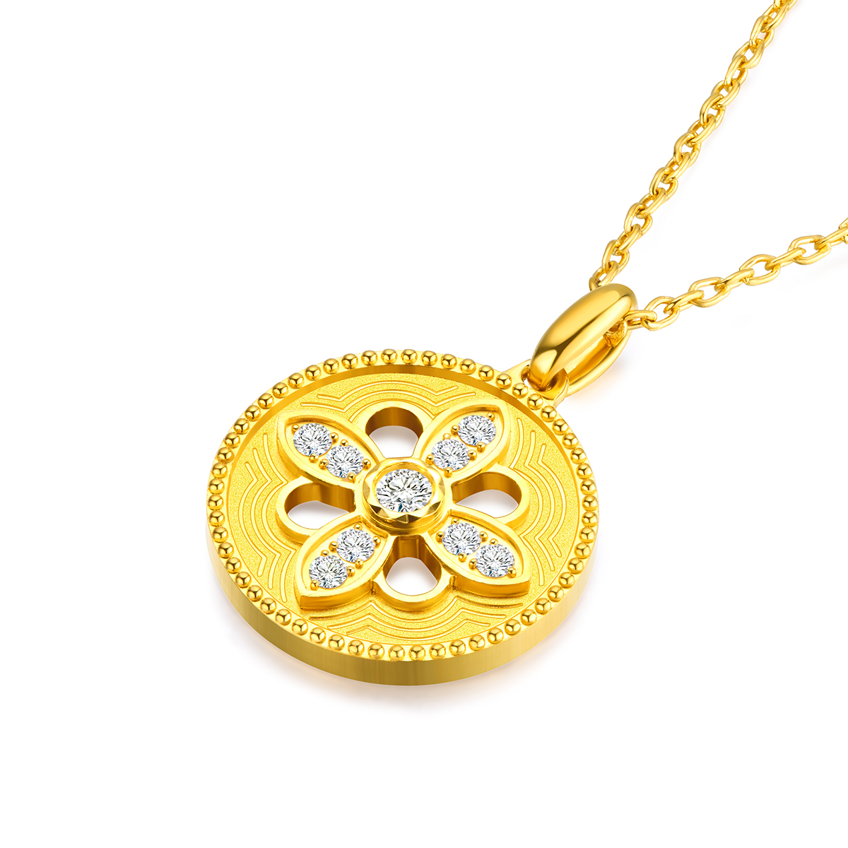 六福珠宝Goldstyle·X镂空花朵四叶草钻石黄金吊坠女定价003111PA