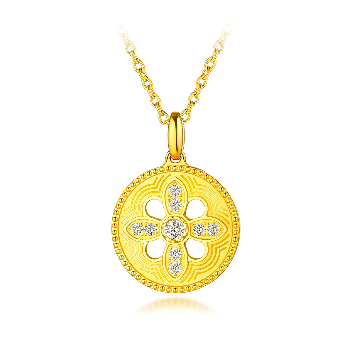 六福珠宝Goldstyle·X镂空花朵四叶草钻石黄金吊坠女定价003111PA