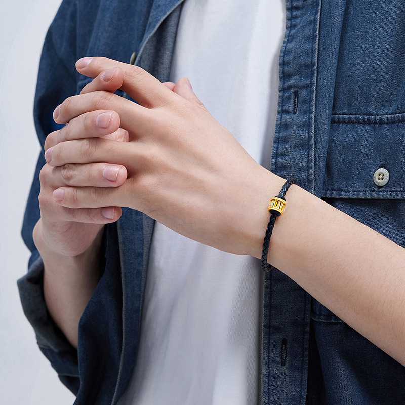 六福珠宝冰·钻光圈成毅同款黄金转运珠男士炫彩5G路路通手绳皮绳032303PB