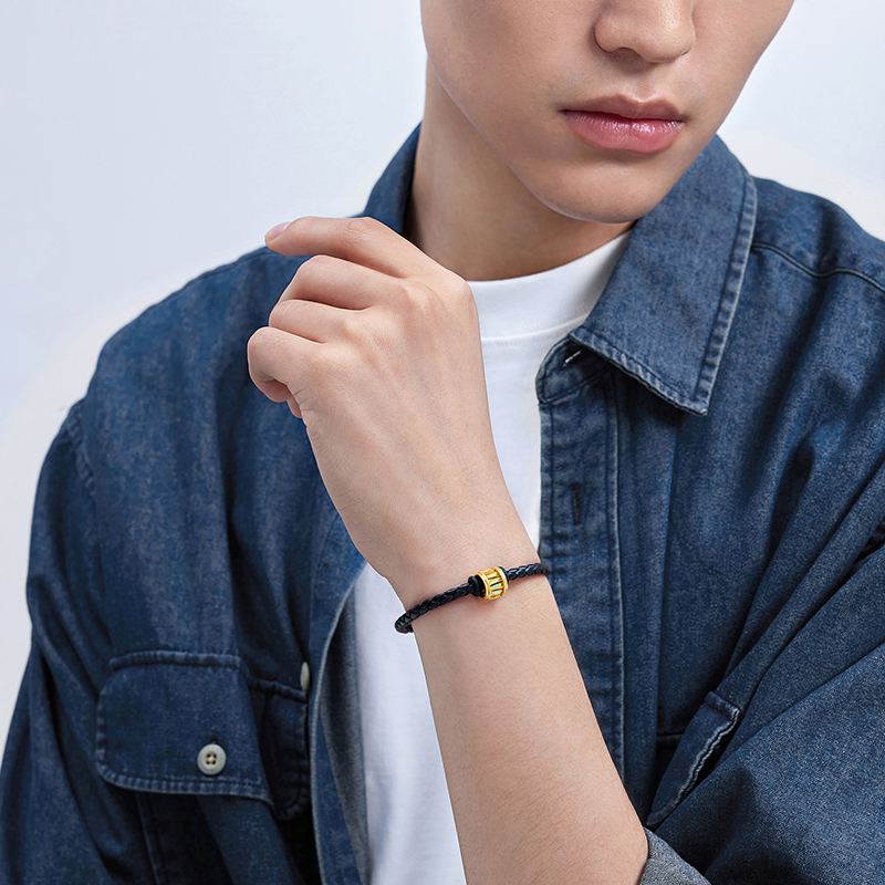 六福珠宝冰·钻光圈成毅同款黄金转运珠男士炫彩5G路路通手绳皮绳032303PB