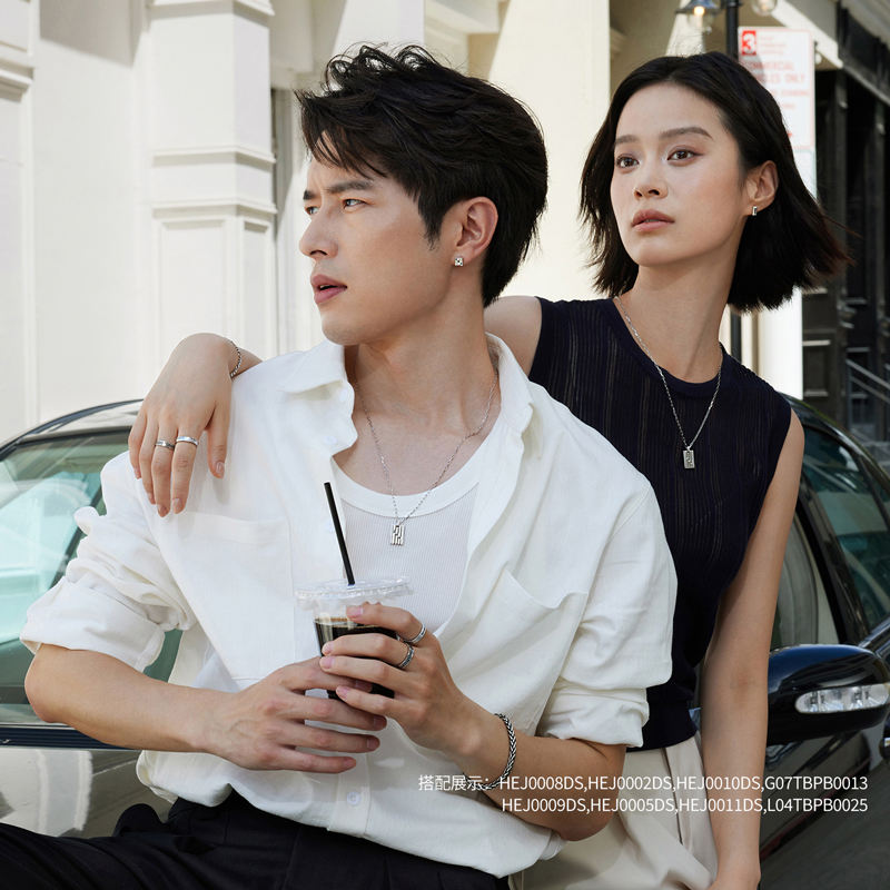 六福珠宝黑钻方牌铂金项链铂950男女款手工拉丝白金吊坠HEJ0001DS