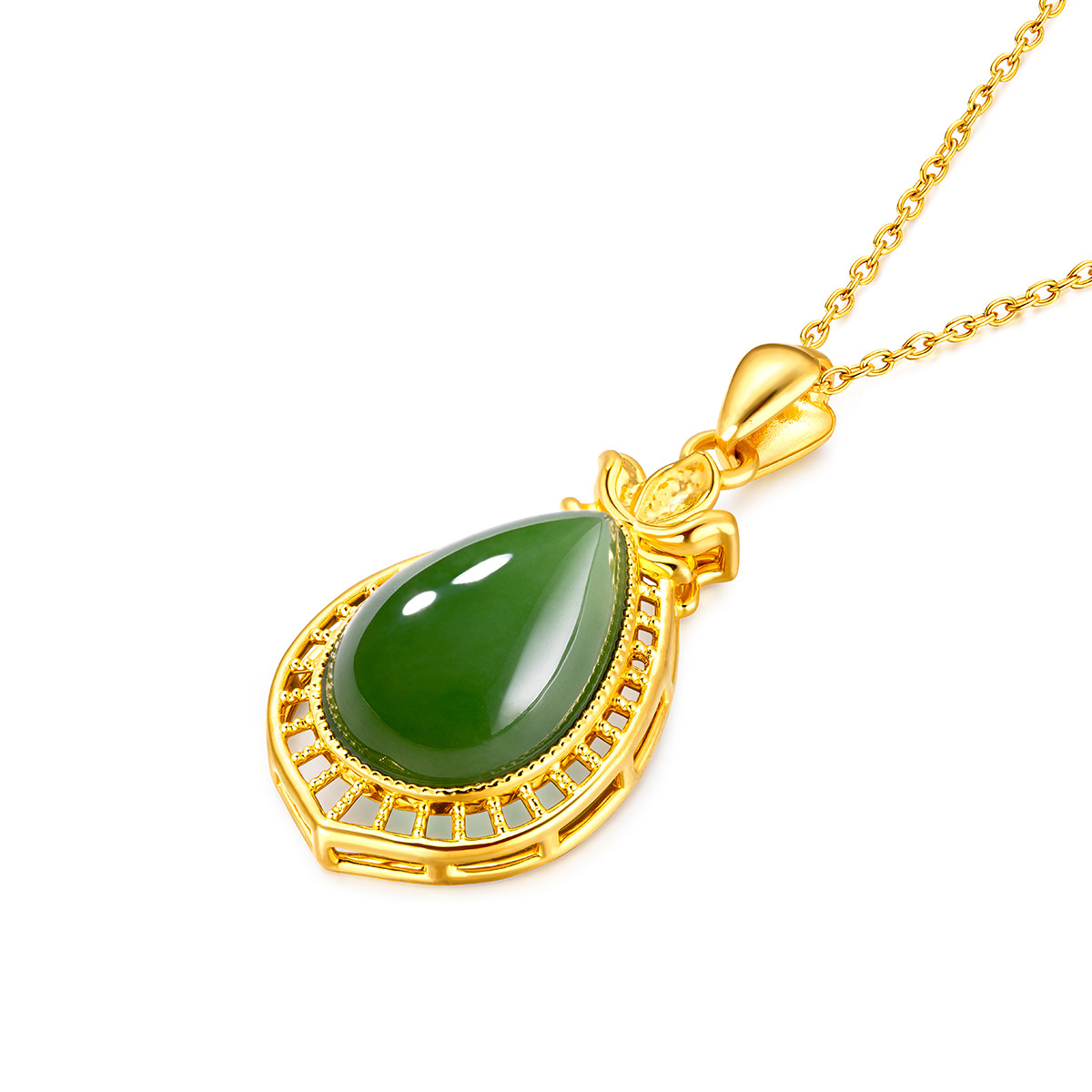 六福珠宝足金镂空莲花和田玉水滴黄金吊坠送妈妈定价L28TBA1P0007