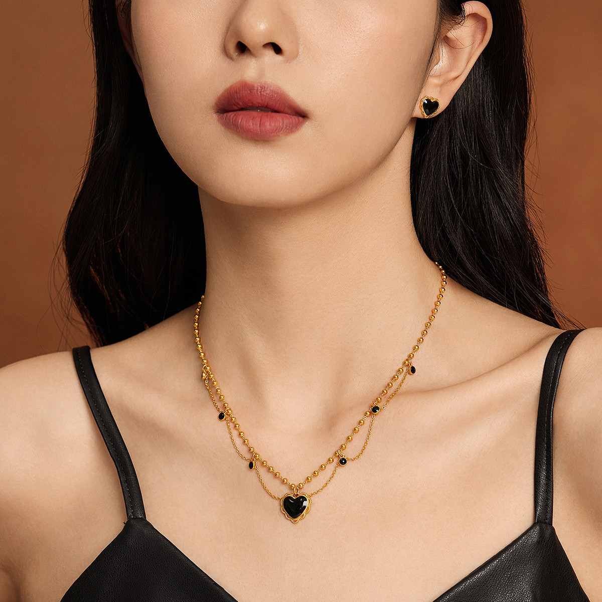 六福珠宝福满传家黑桃心黄金耳钉耳环女足金耳饰计价G21TBGE0002【联系客服补货】