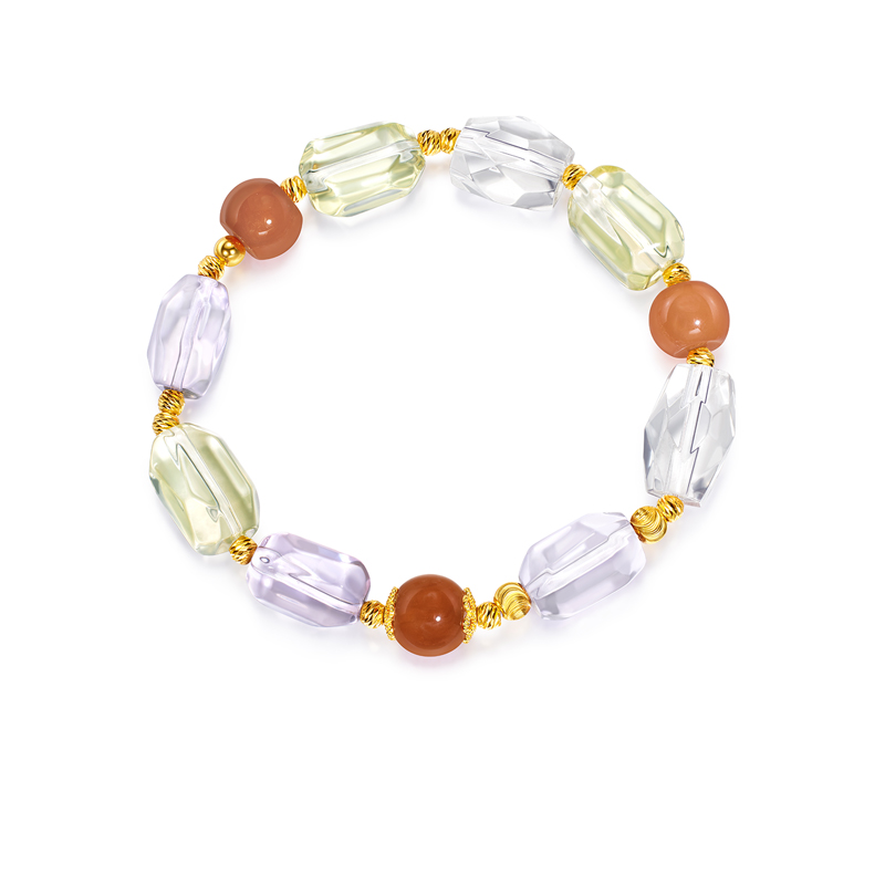 六福珠宝高冰天然紫水晶手串足金随形玉髓金珠黄金手链FXA0006DS