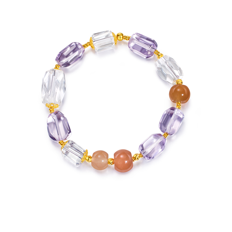 六福珠宝高冰天然紫水晶手串足金随形玉髓金珠黄金手链FXA0006DS