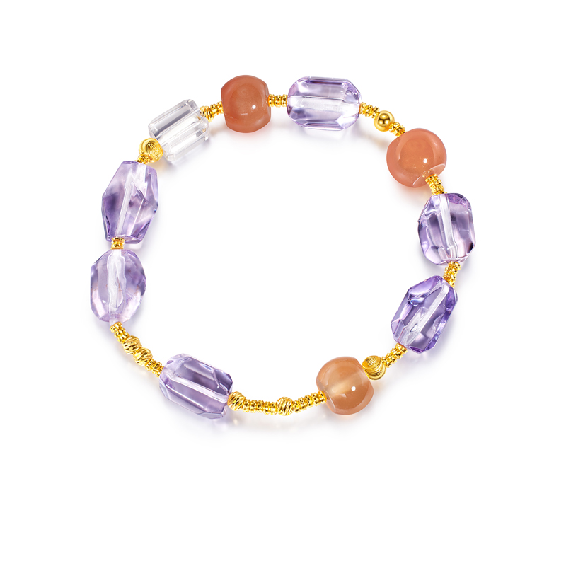 六福珠宝高冰天然紫水晶手串足金随形玉髓金珠黄金手链FXA0006DS