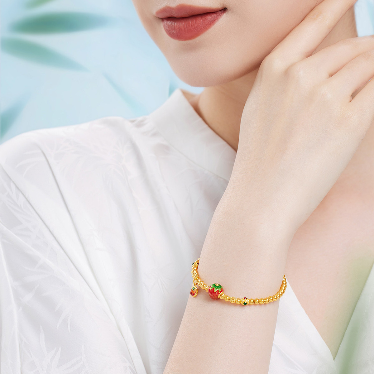 六福珠宝福满传家草莓柿子黄金手链女足金珠手串计价F63TBGB0119【视频看货】