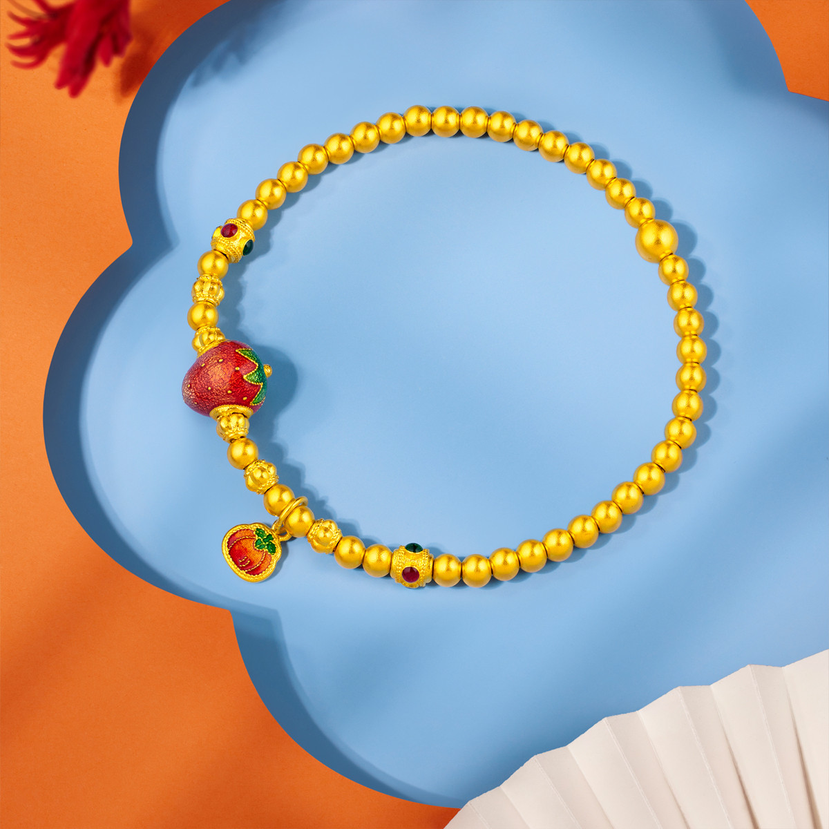 六福珠宝福满传家草莓柿子黄金手链女足金珠手串计价F63TBGB0119【视频看货】