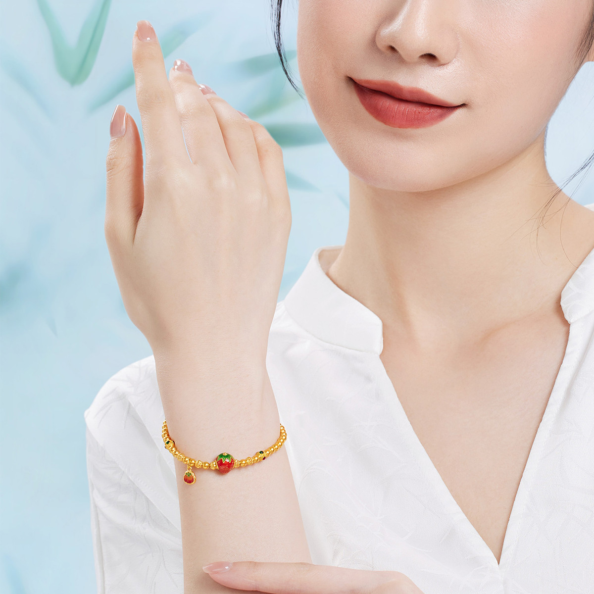 六福珠宝福满传家草莓柿子黄金手链女足金珠手串计价F63TBGB0119【视频看货】