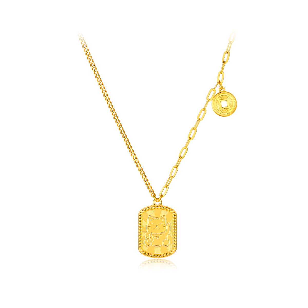 六福珠宝光影金运财猫黄金项链5G铜钱足金吊坠送礼物计价007681NA【联系客服补货】