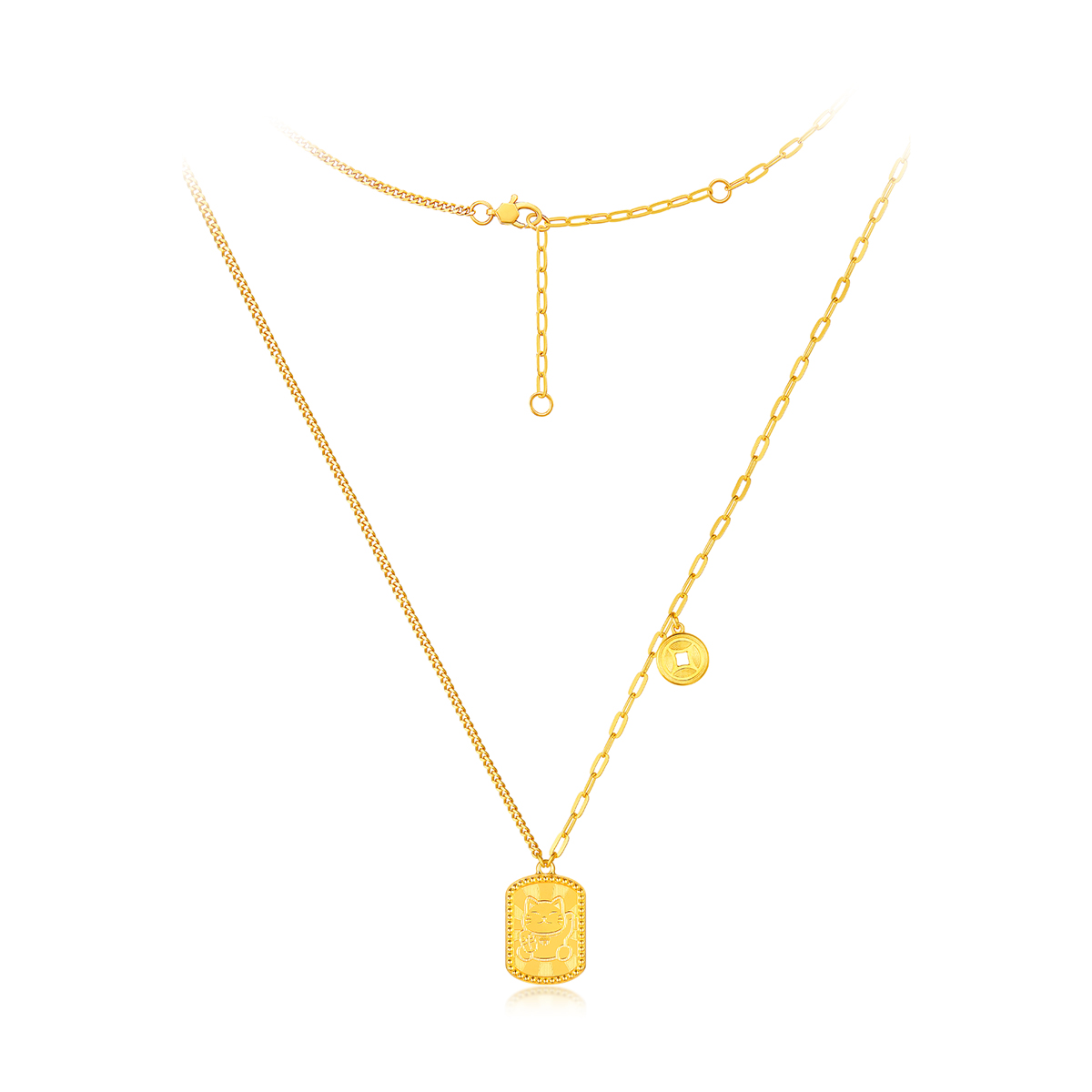 六福珠宝光影金运财猫黄金项链5G铜钱足金吊坠送礼物计价007681NA【联系客服补货】