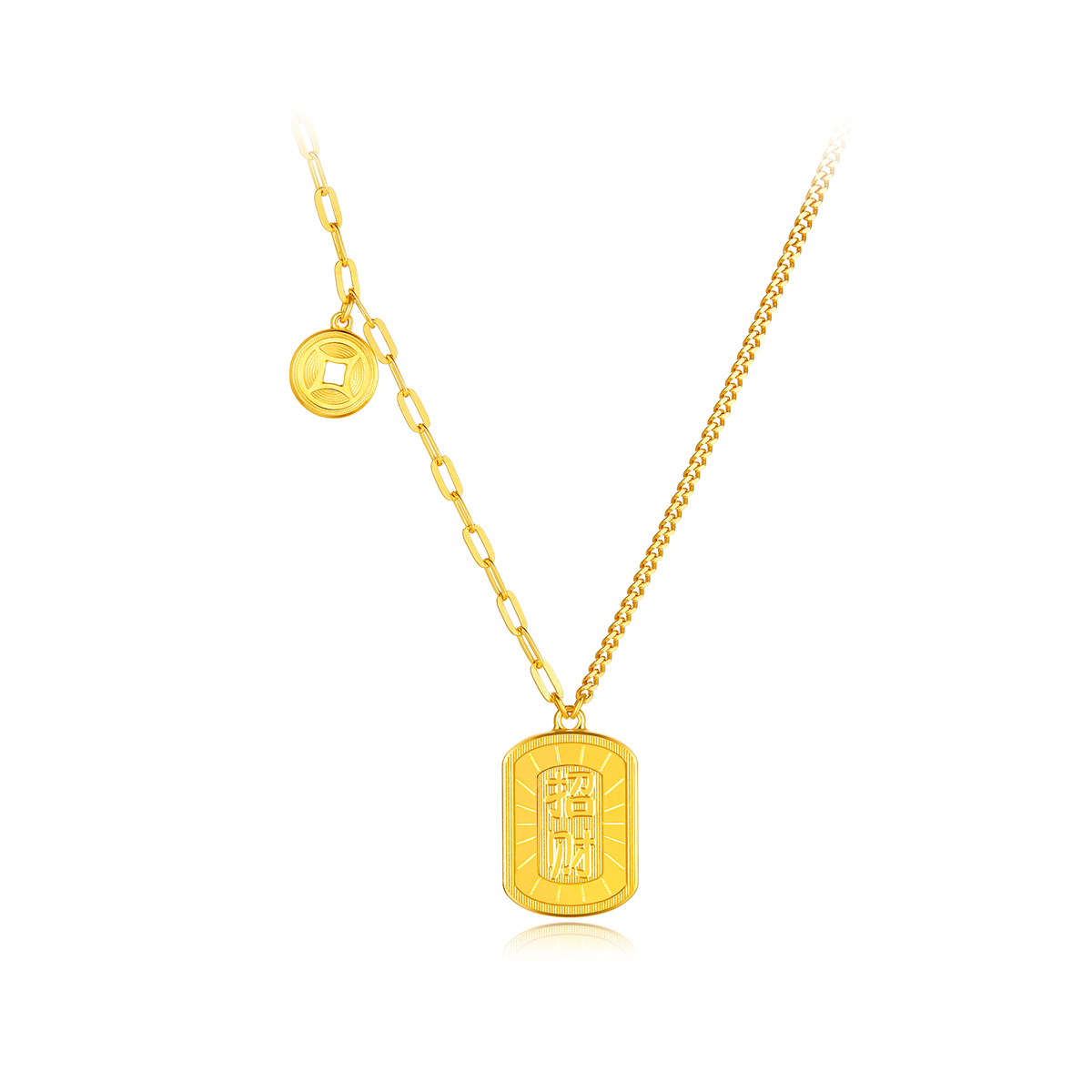 六福珠宝光影金运财猫黄金项链5G铜钱足金吊坠送礼物计价007681NA【联系客服补货】