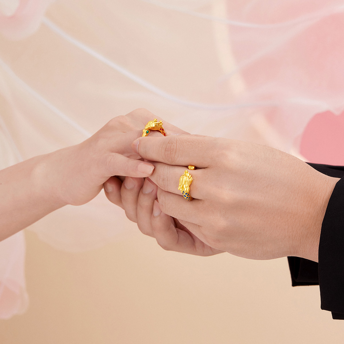 六福珠宝龙凤呈祥黄金戒指女福满传家对戒婚嫁礼计价F48TBGR0005【视频看货】