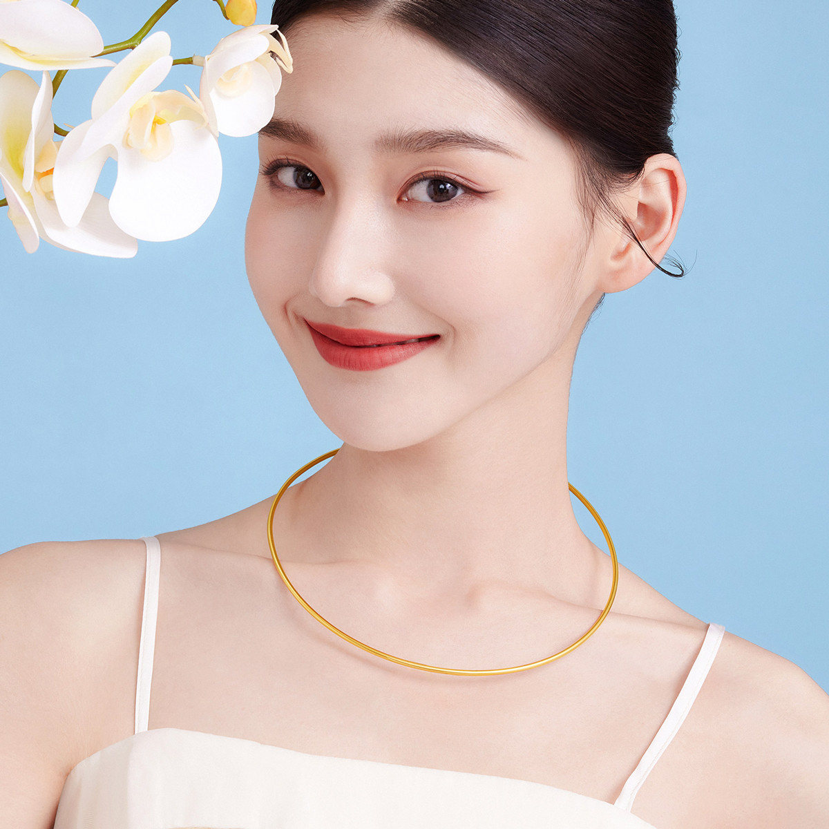 六福珠宝福满传家金珠黄金项圈女款足金颈圈首饰计价A01TBGN0008【视频看货】