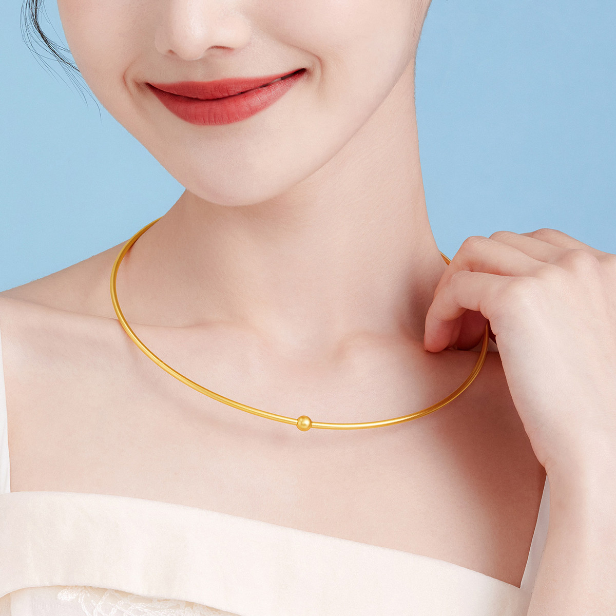 六福珠宝福满传家金珠黄金项圈女款足金颈圈首饰计价A01TBGN0008【视频看货】