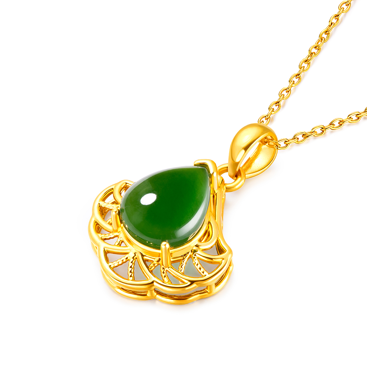 六福珠宝镂空扇形水滴黄金吊坠送妈妈和田玉挂坠定价L28TBA1P0006