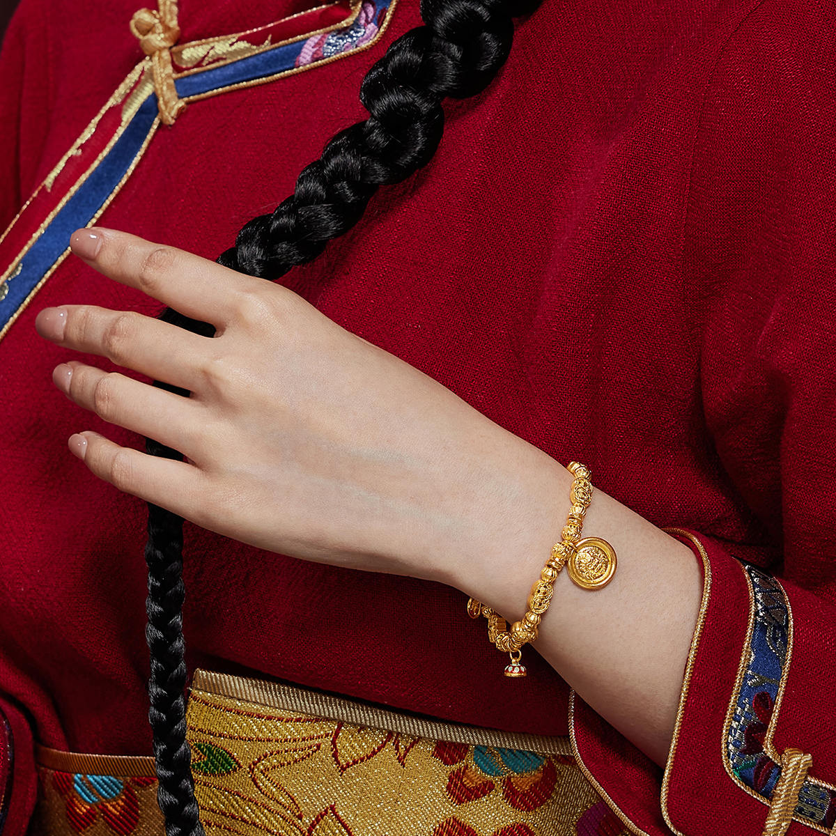 六福珠宝福满传家黄财神黄金手链足金转运珠手串计价F41TBGB0008【视频看货】