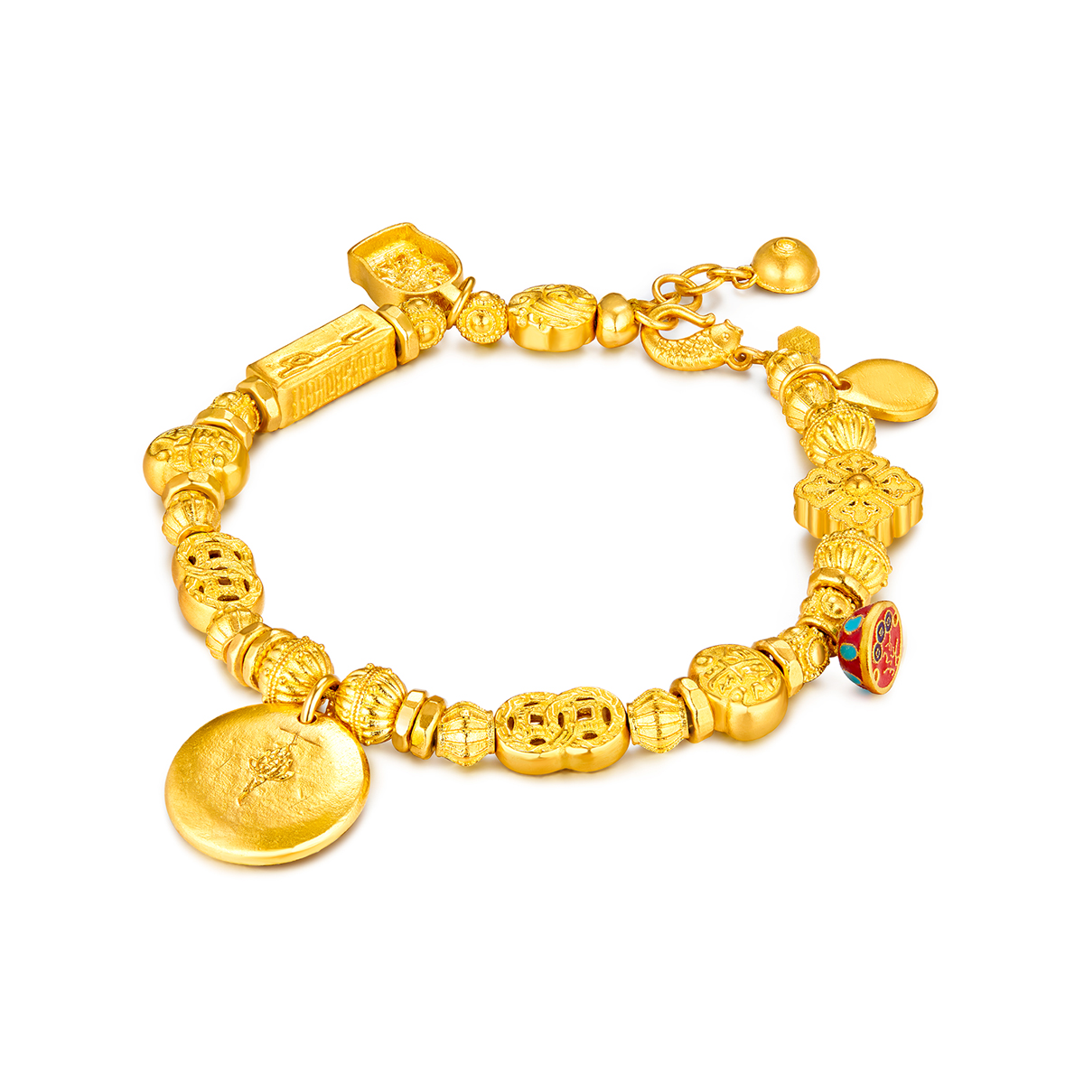 六福珠宝福满传家黄财神黄金手链足金转运珠手串计价F41TBGB0008【视频看货】