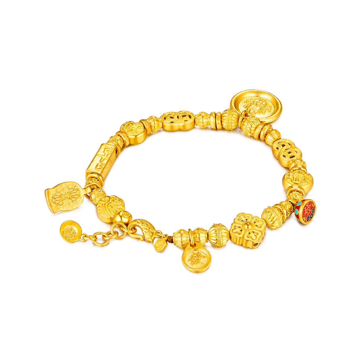 六福珠宝福满传家黄财神黄金手链足金转运珠手串计价F41TBGB0008【视频看货】