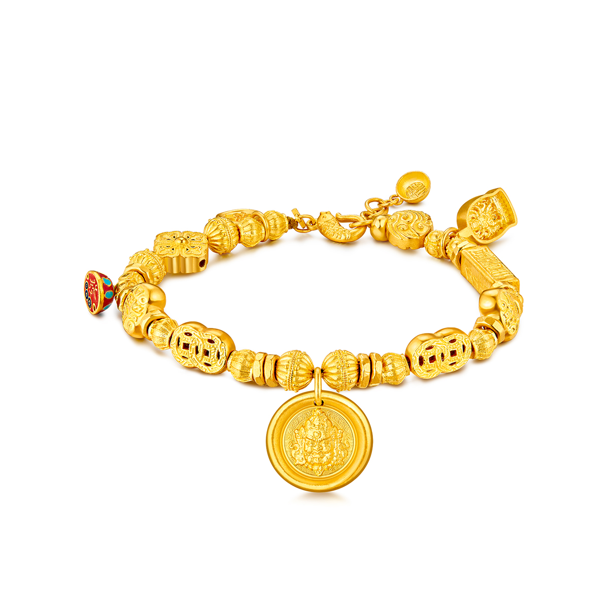 六福珠宝福满传家黄财神黄金手链足金转运珠手串计价F41TBGB0008【视频看货】