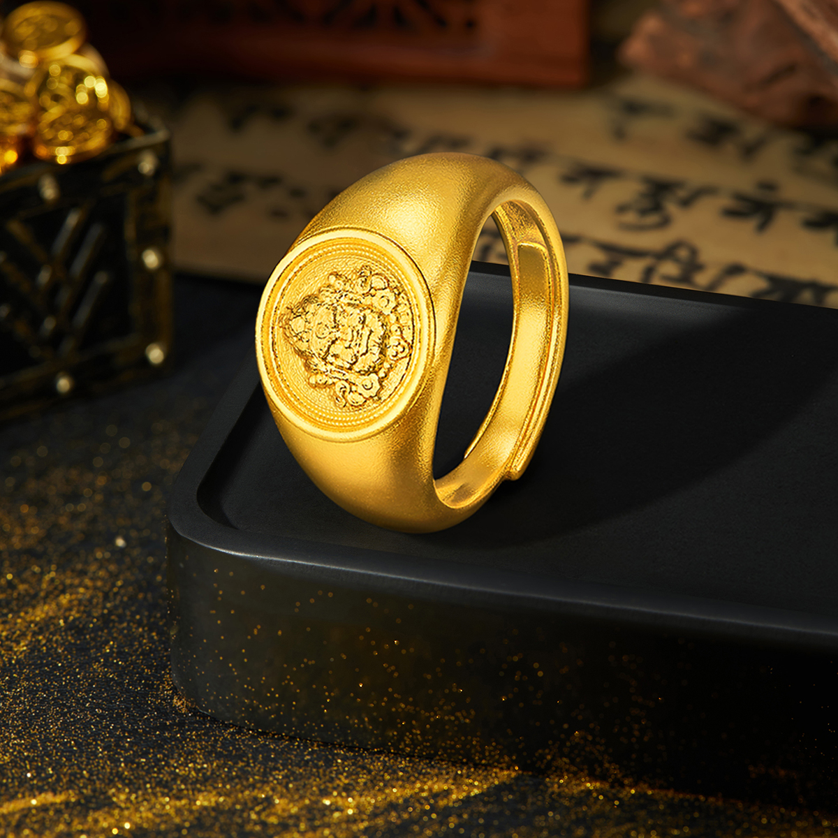 六福珠宝福满传家黄财神黄金戒指男古法实心戒指计价F21TBGR0002【视频看货】