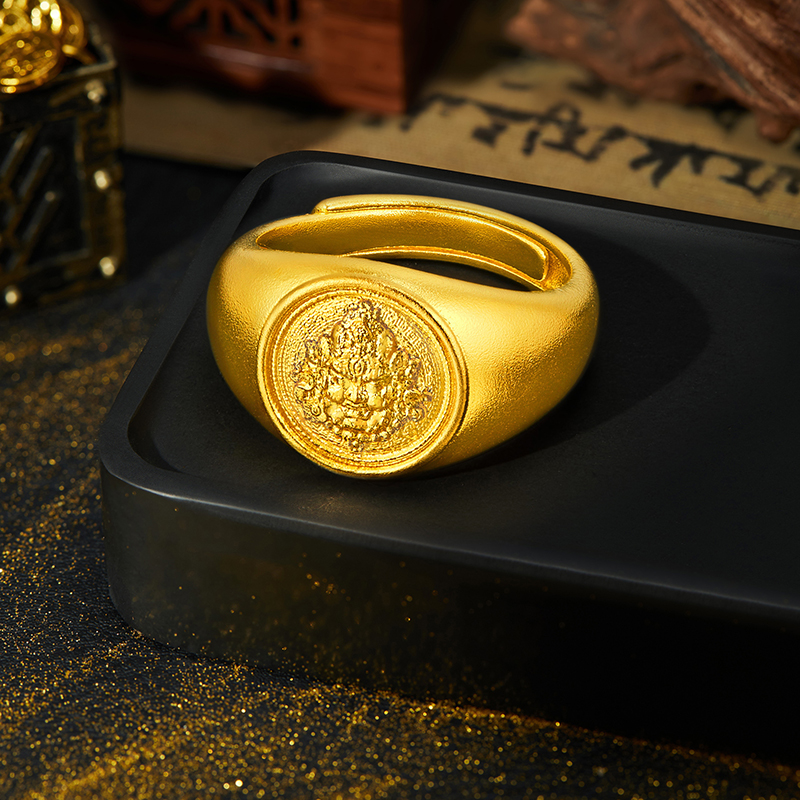 六福珠宝福满传家黄财神黄金戒指男古法实心戒指计价F21TBGR0002【视频看货】