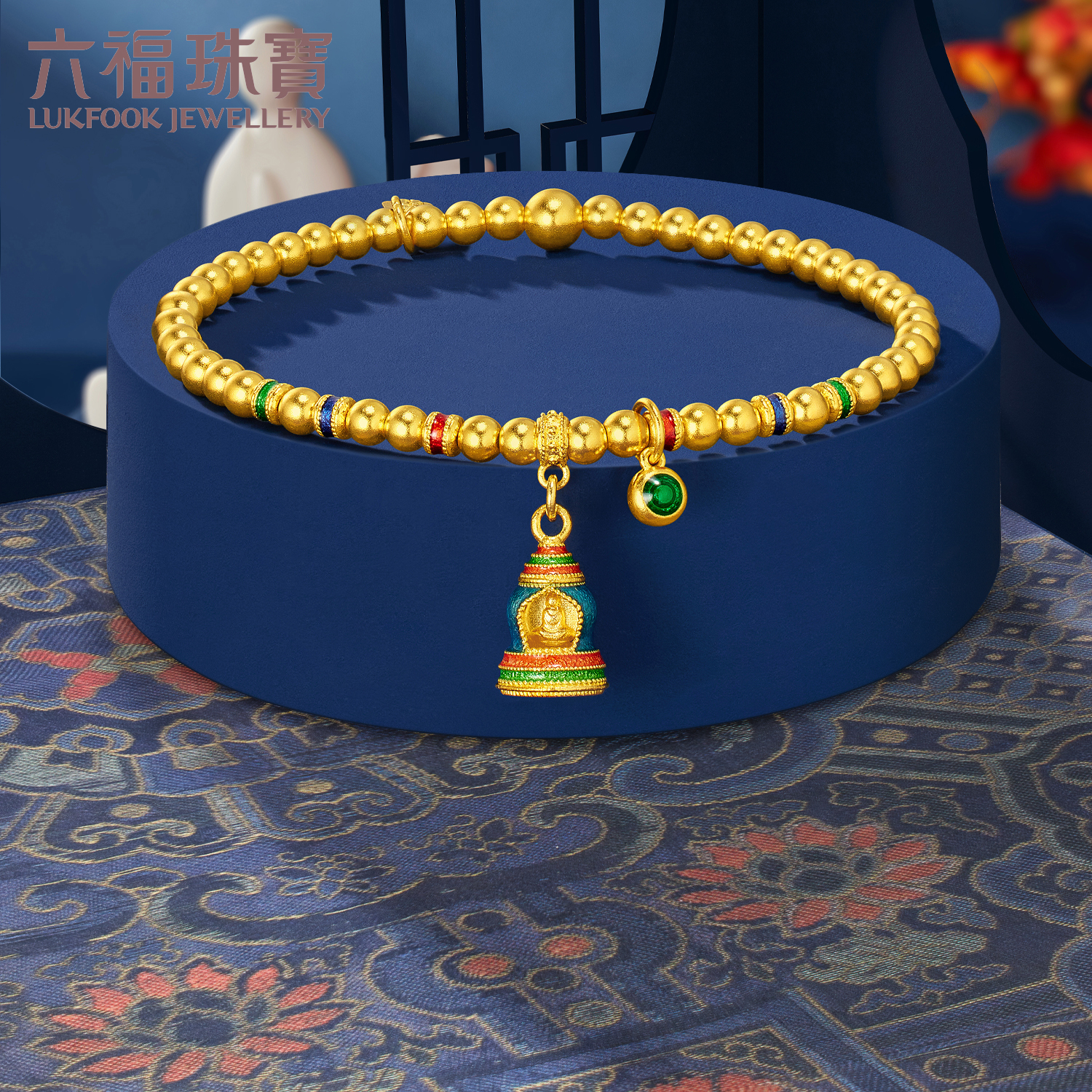 六福珠宝福满传家无相佛黄金手链女款足金珠手串计价F63TBGB0138【视频看货】