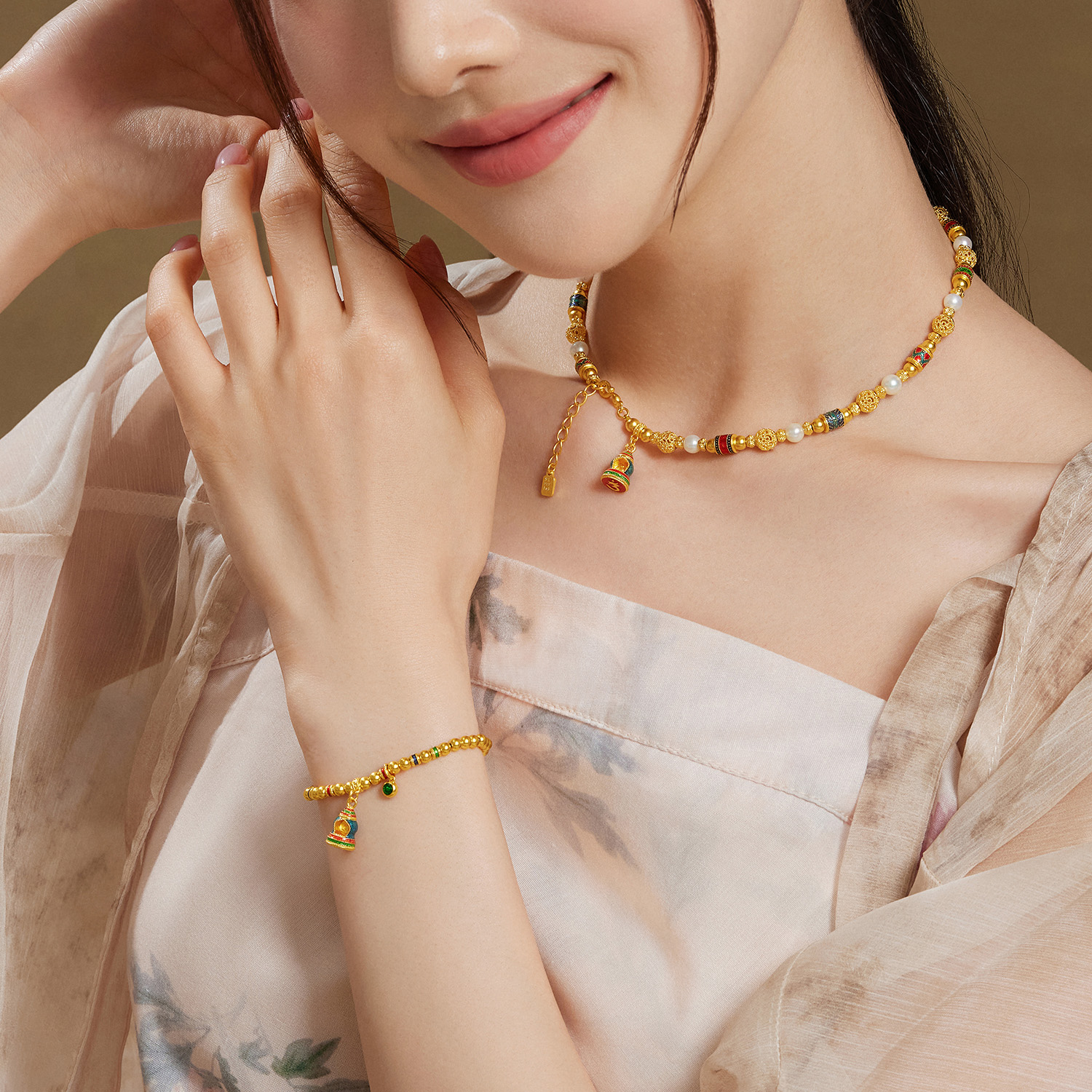 六福珠宝福满传家无相佛黄金手链女款足金珠手串计价F63TBGB0138【视频看货】