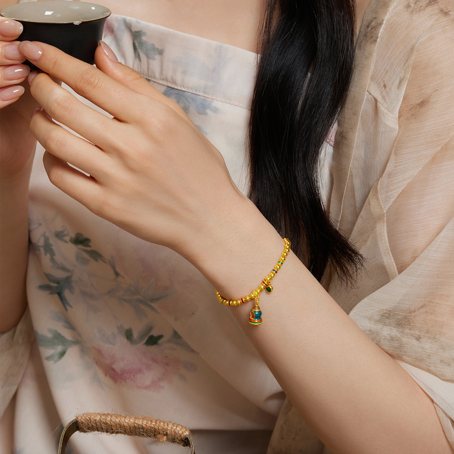 六福珠宝福满传家无相佛黄金手链女款足金珠手串计价F63TBGB0138【视频看货】