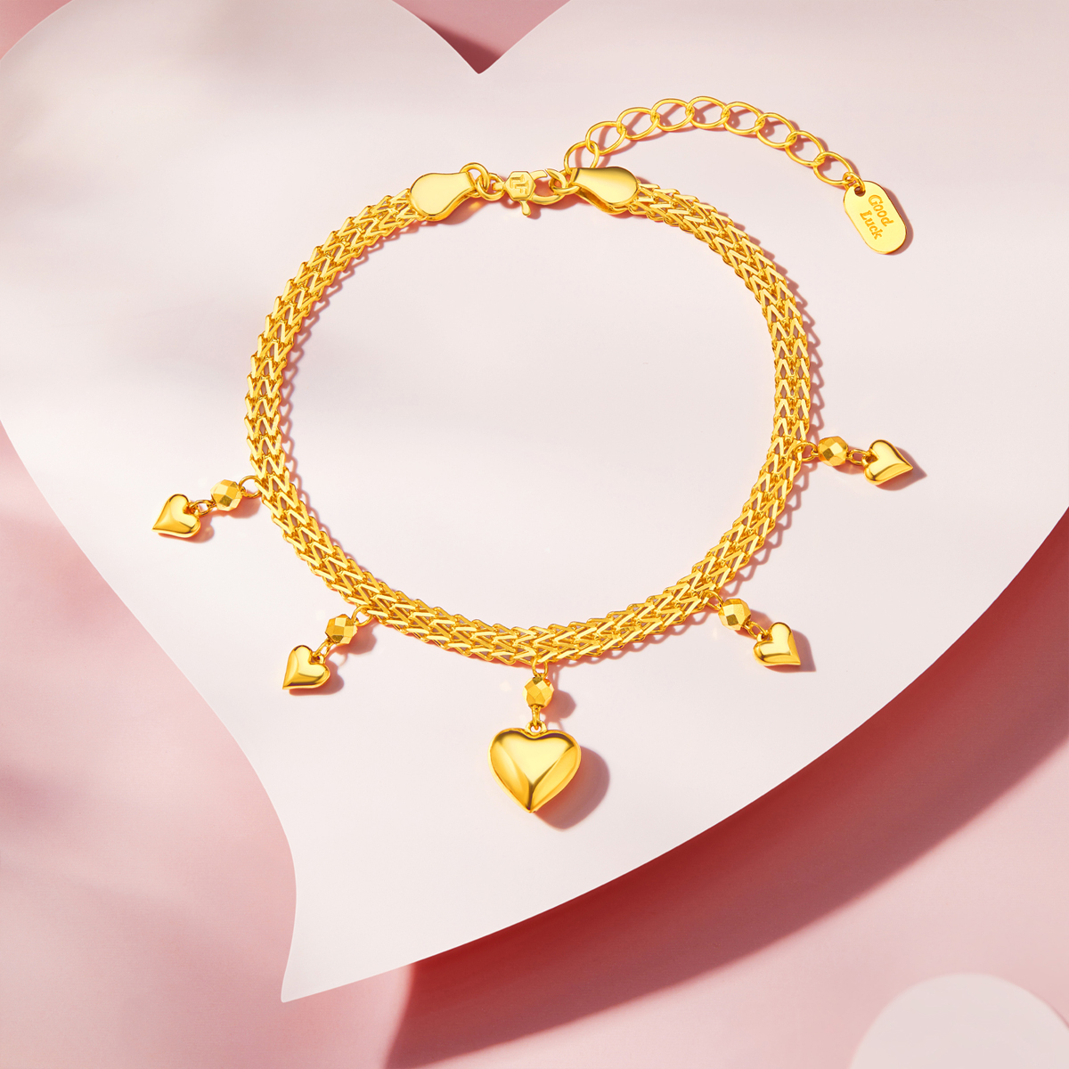 六福珠宝光影金爱心闪闪黄金手链5G足金双层龙骨链七夕计价020954BA【联系客服补货】投票