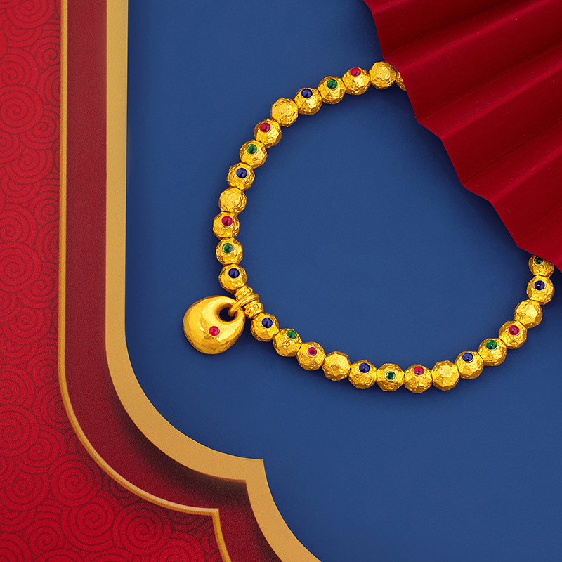 六福珠宝福满传家小胖福黄金手链鎏彩工艺锤纹珠计价F65TBGB0001【联系客服补货】【视频看货】