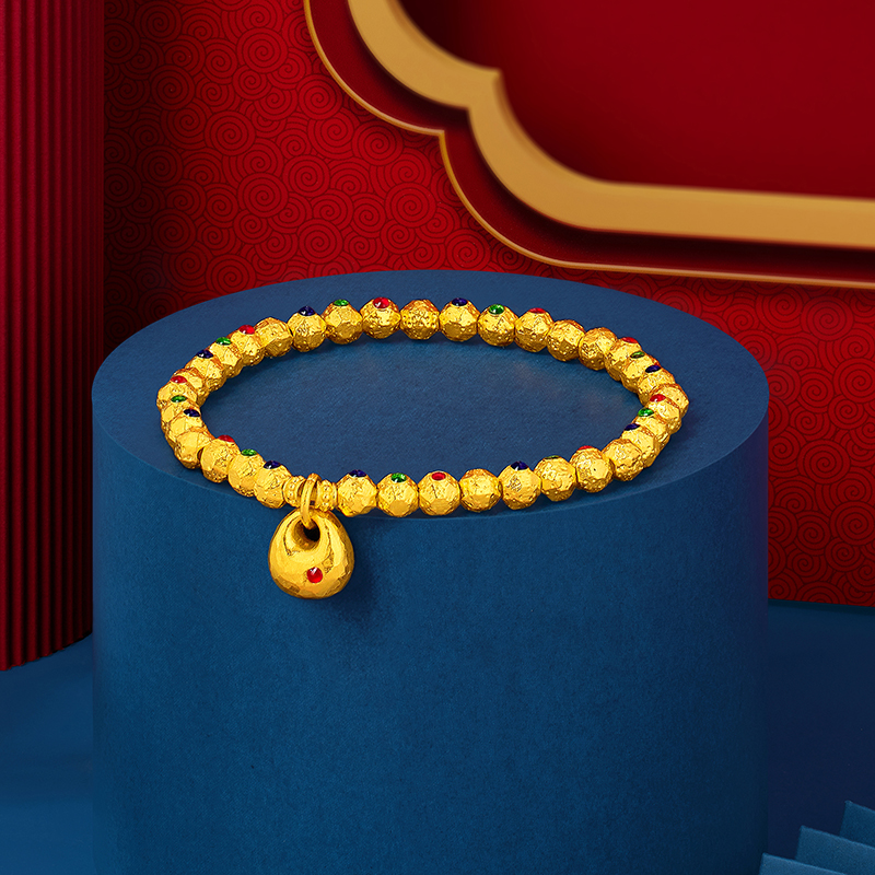 六福珠宝福满传家小胖福黄金手链鎏彩工艺锤纹珠计价F65TBGB0001【联系客服补货】【视频看货】