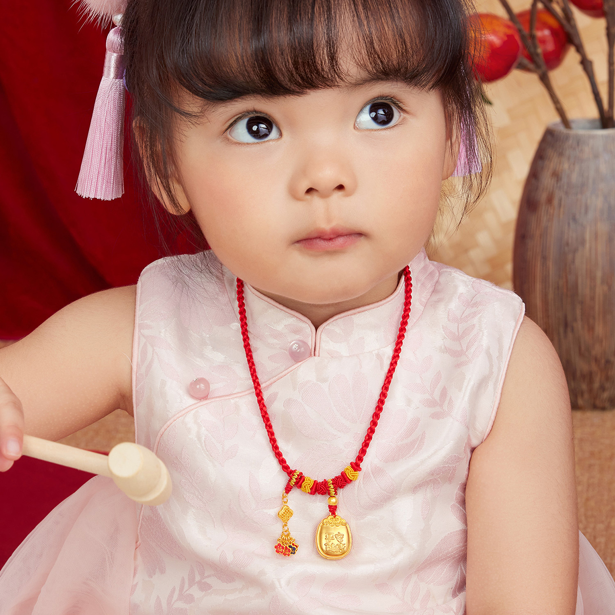 六福珠宝福满传家五福临门平安黄金项链吊坠宝宝计价L17TBGN0013【联系客服补货】【视频看货】