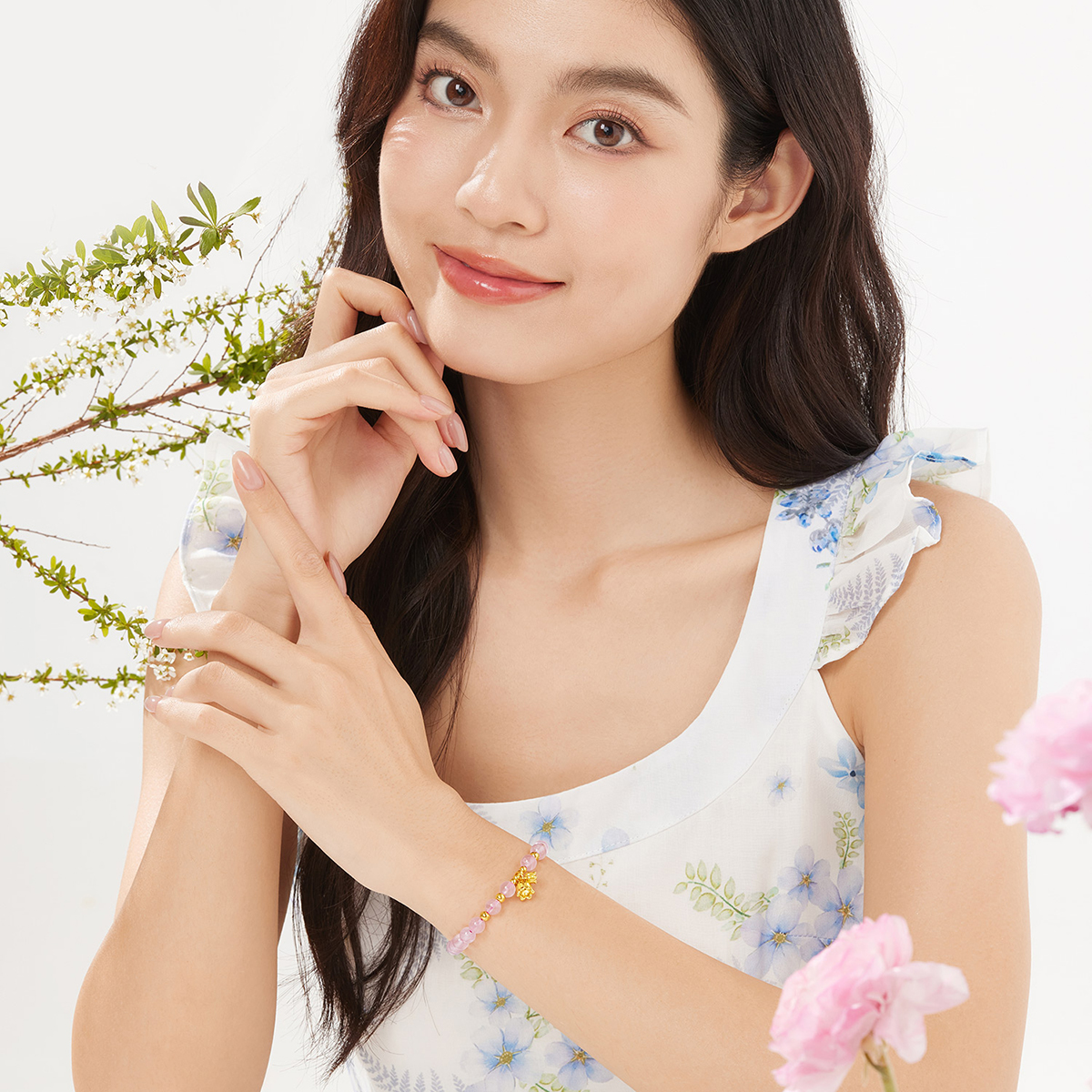 六福珠宝铃兰花金珠黄金转运珠足金粉水晶手链女黄金手链A03TBA1B0031【联系客服补货】