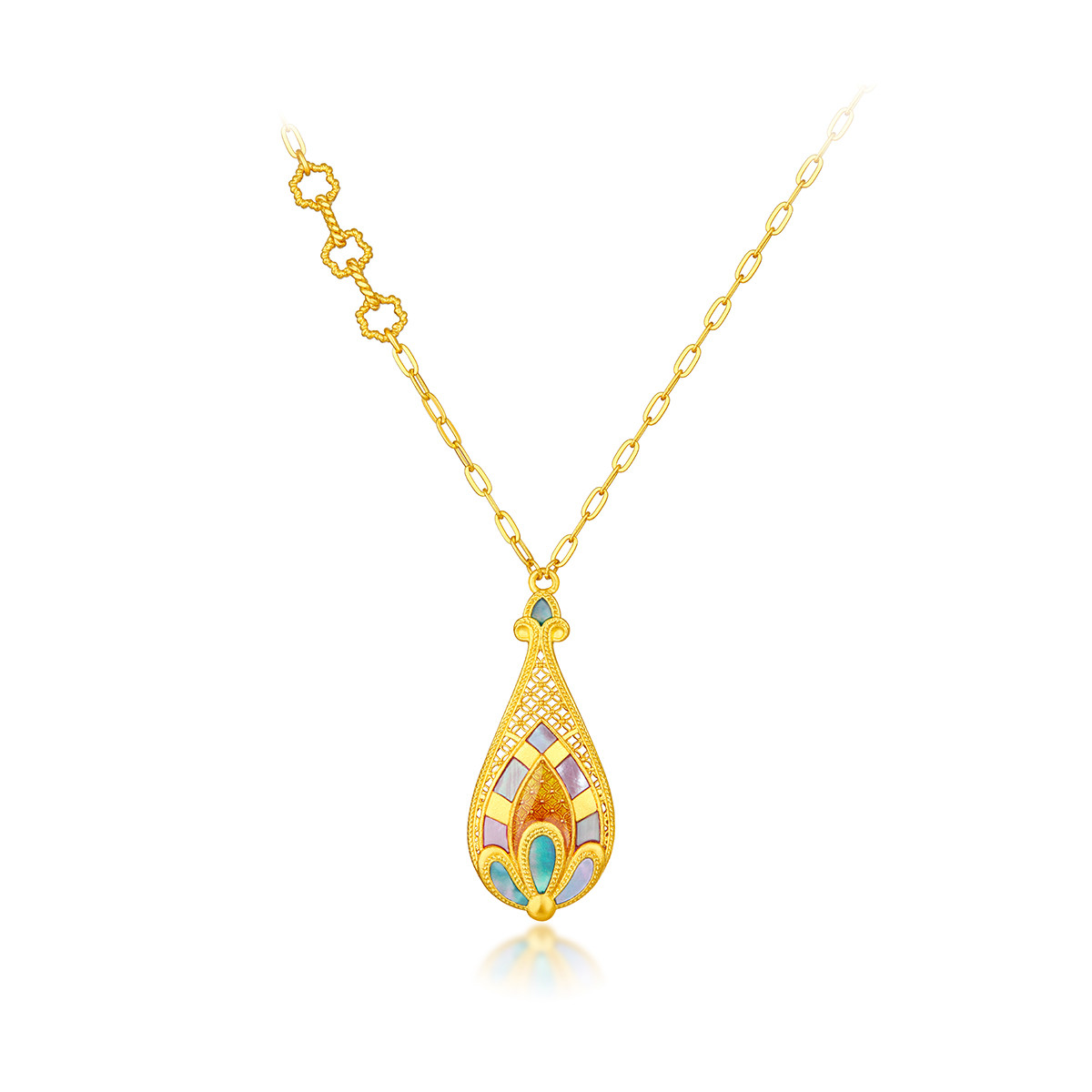 六福珠宝福满传家琵琶宝瓶黄金项链手工螺钿贝壳计价L17TBGN0006【视频看货】