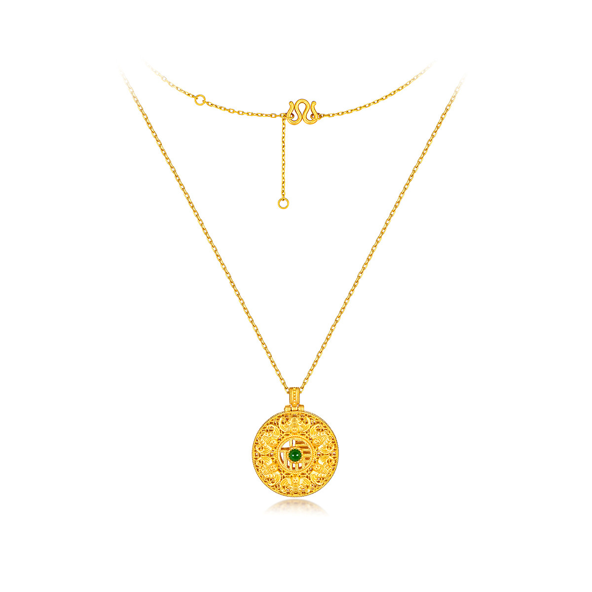 六福珠宝福满传家六"蝠"齐来黄金项链镶翡翠足金吊坠计价013552NA【联系客服补货】【视频看货】