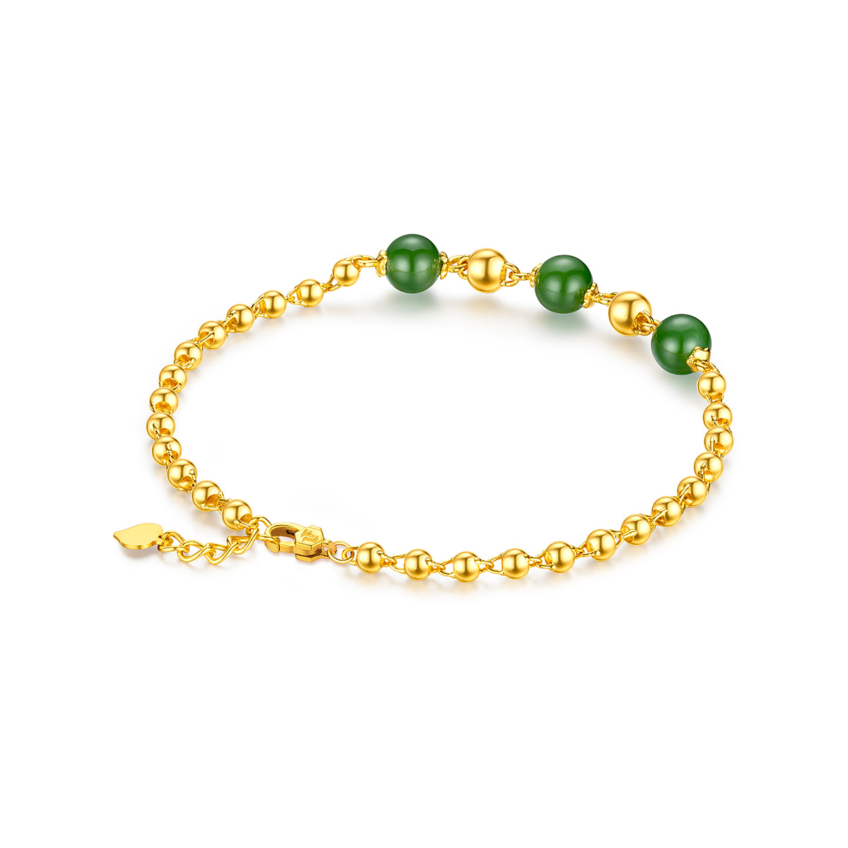 六福珠宝碧玉珠和田玉手链女小金珠黄金手链定价A01A1TBB0006【视频看货】