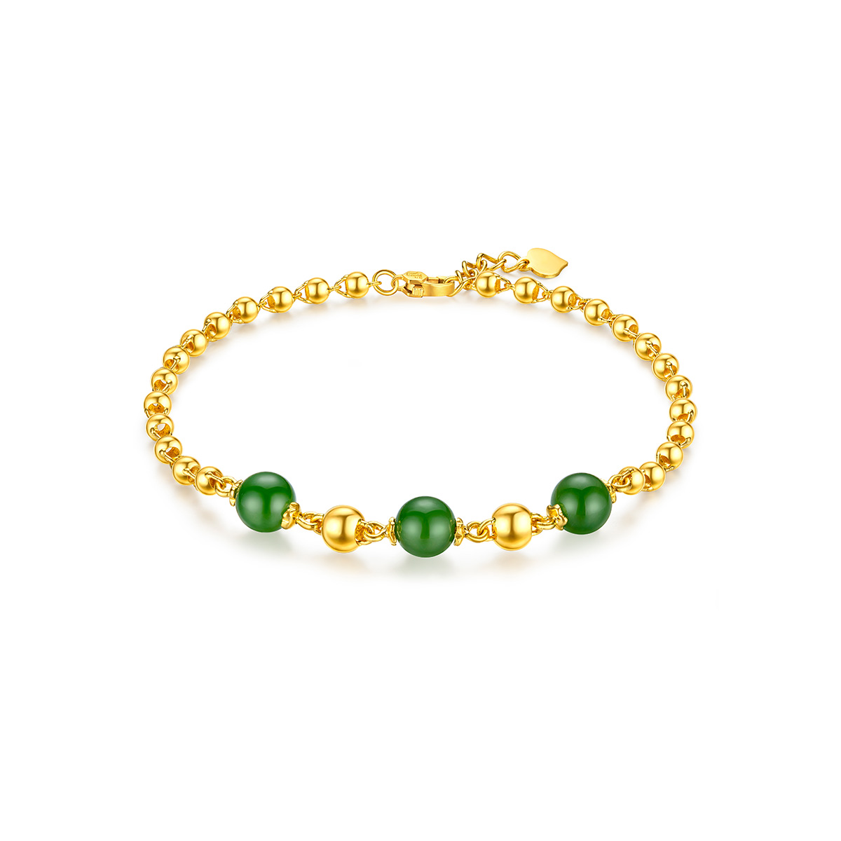 六福珠宝碧玉珠和田玉手链女小金珠黄金手链定价A01A1TBB0006【视频看货】