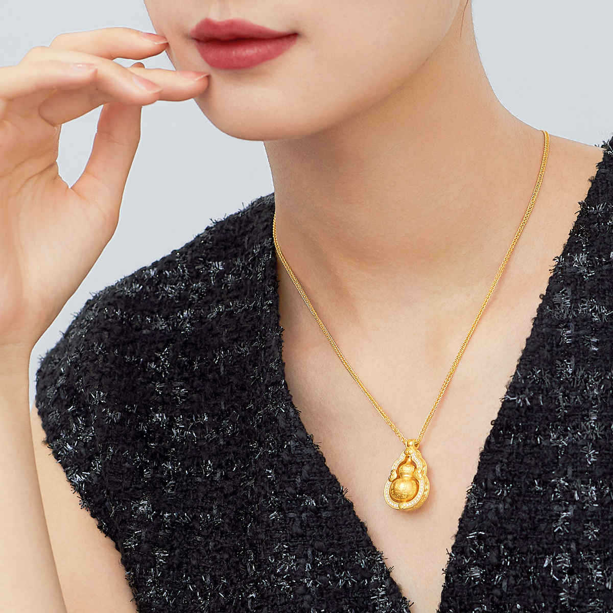 六福珠宝福满传家葫芦吊坠足金套链古法黄金项链定价L35A1TBN0008【联系客服补货】【视频看货】