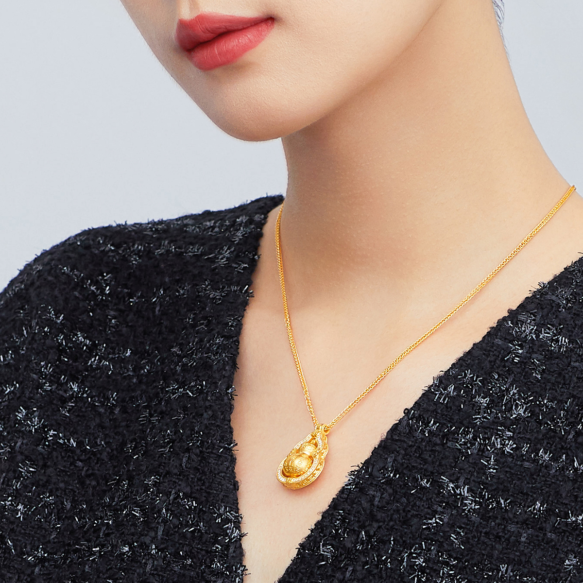 六福珠宝福满传家葫芦吊坠足金套链古法黄金项链定价L35A1TBN0008【联系客服补货】【视频看货】