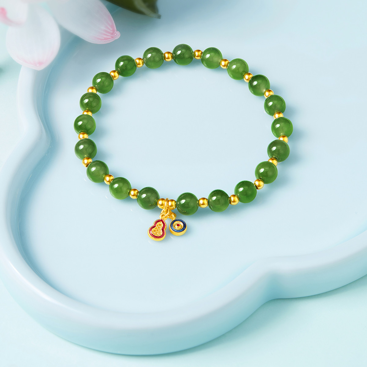 六福珠宝葫芦圆形挂坠黄金和田玉手链女足金手串定价A03TBA1B0018