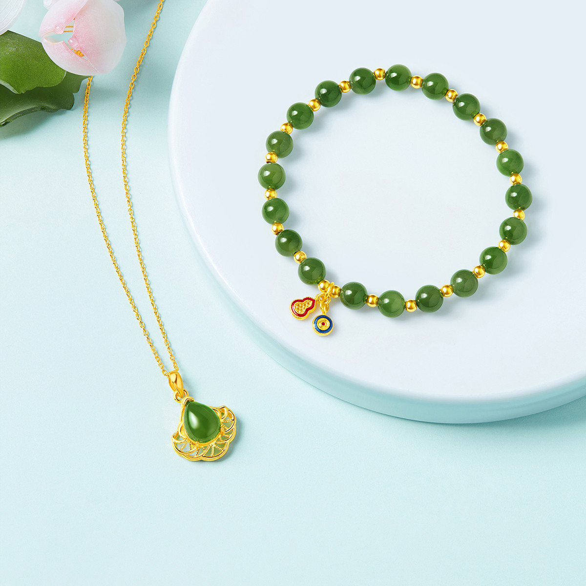 六福珠宝葫芦圆形挂坠黄金和田玉手链女足金手串定价A03TBA1B0018