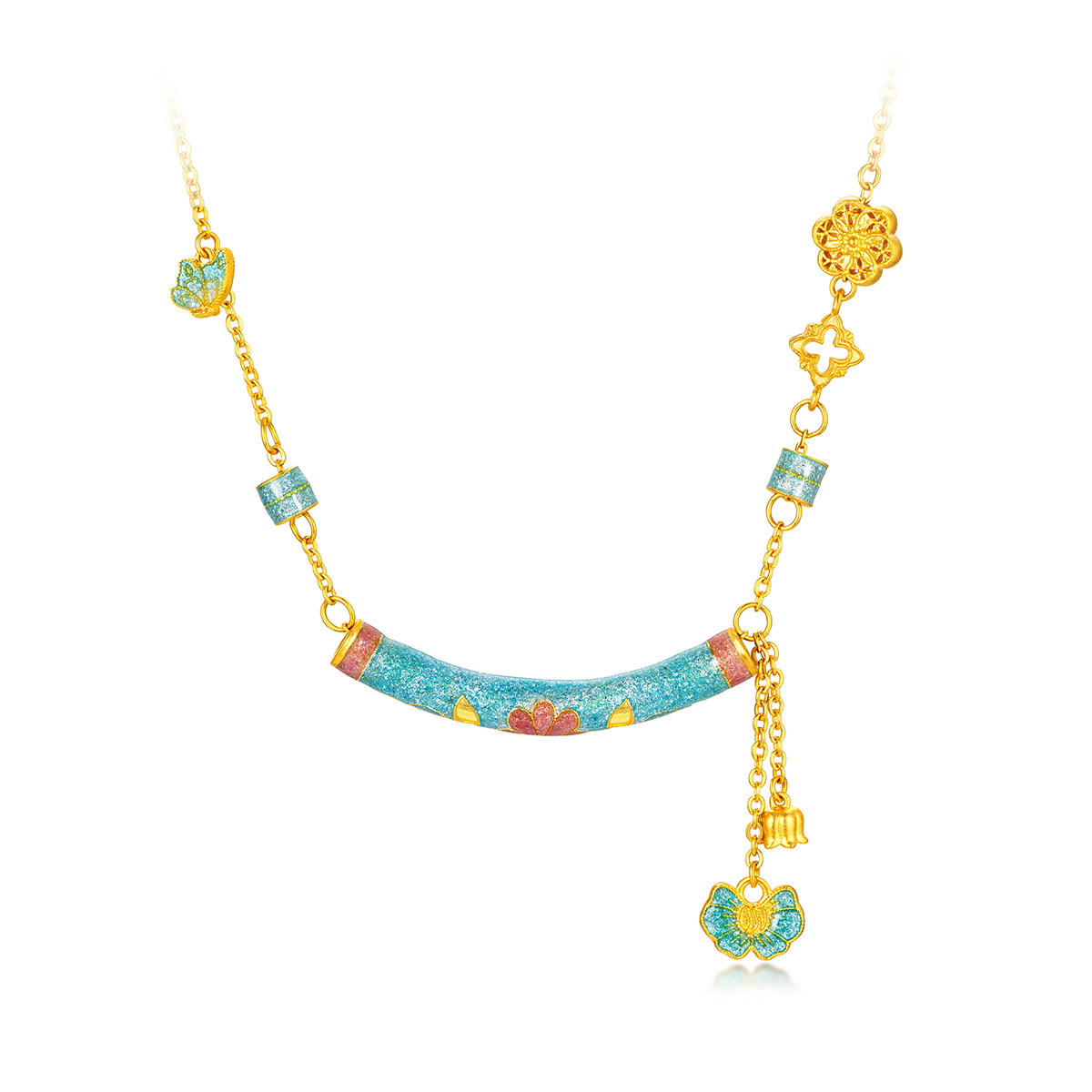 六福珠宝福满传家花间意微笑黄金项链鎏彩工艺弯管计价A01G0006DS赏春【视频看货】