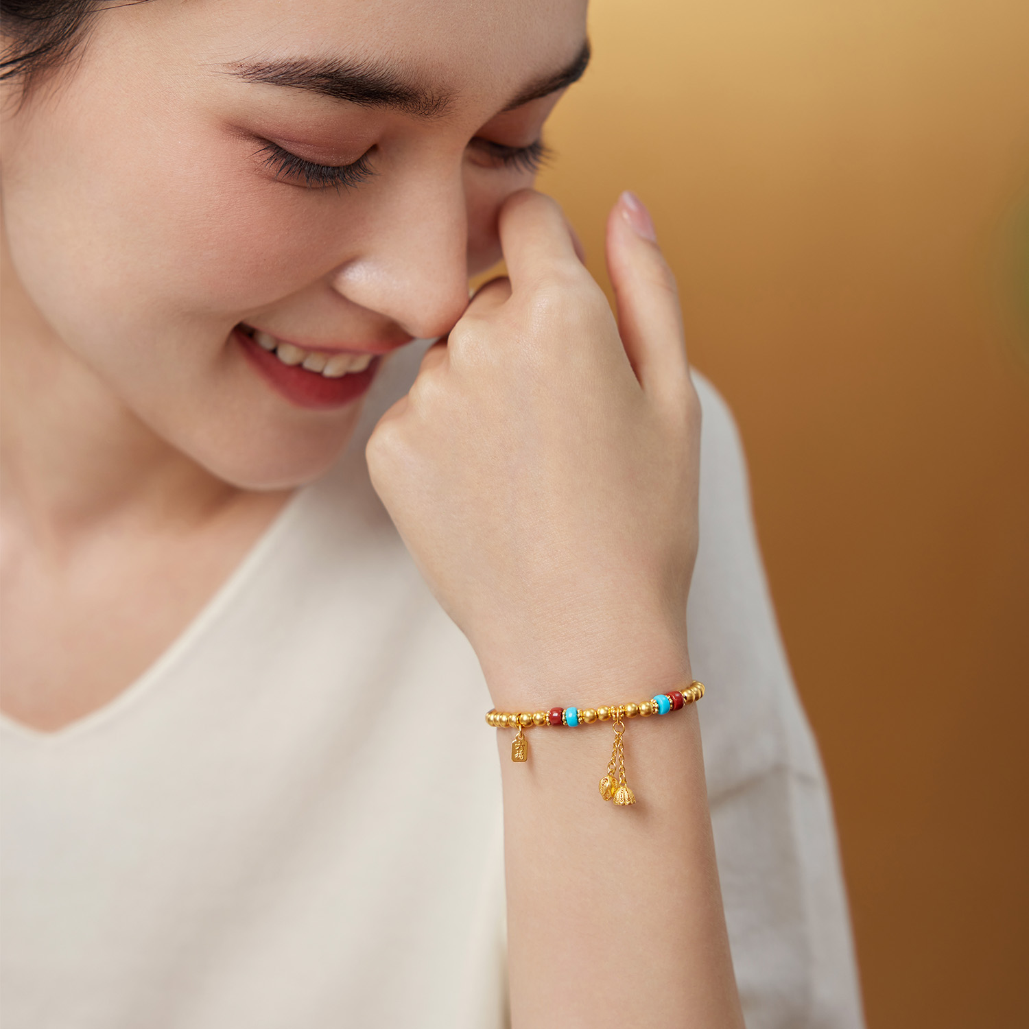 六福珠宝福满传家两世欢黄金手链女玉髓绿松石手串计价L35G0006DS【联系客服补货】【视频看货】