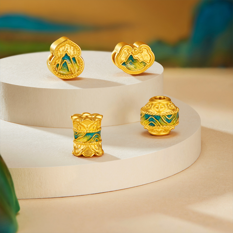 六福珠宝锦绿青山黄金转运珠鎏彩硬金小配件可DIY串珠A03A0019DS