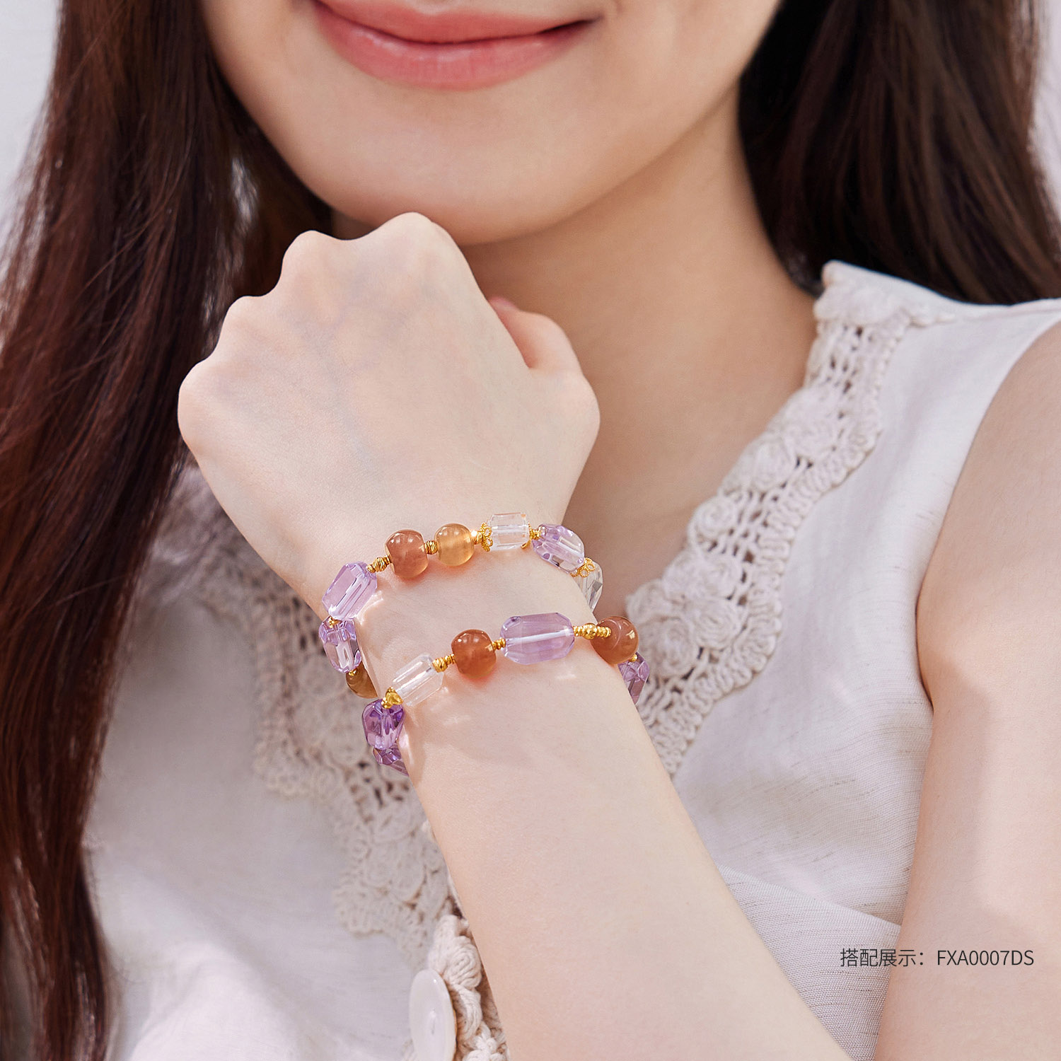 六福珠宝高冰天然紫水晶手串足金随形玉髓金珠黄金手链FXA0006DS