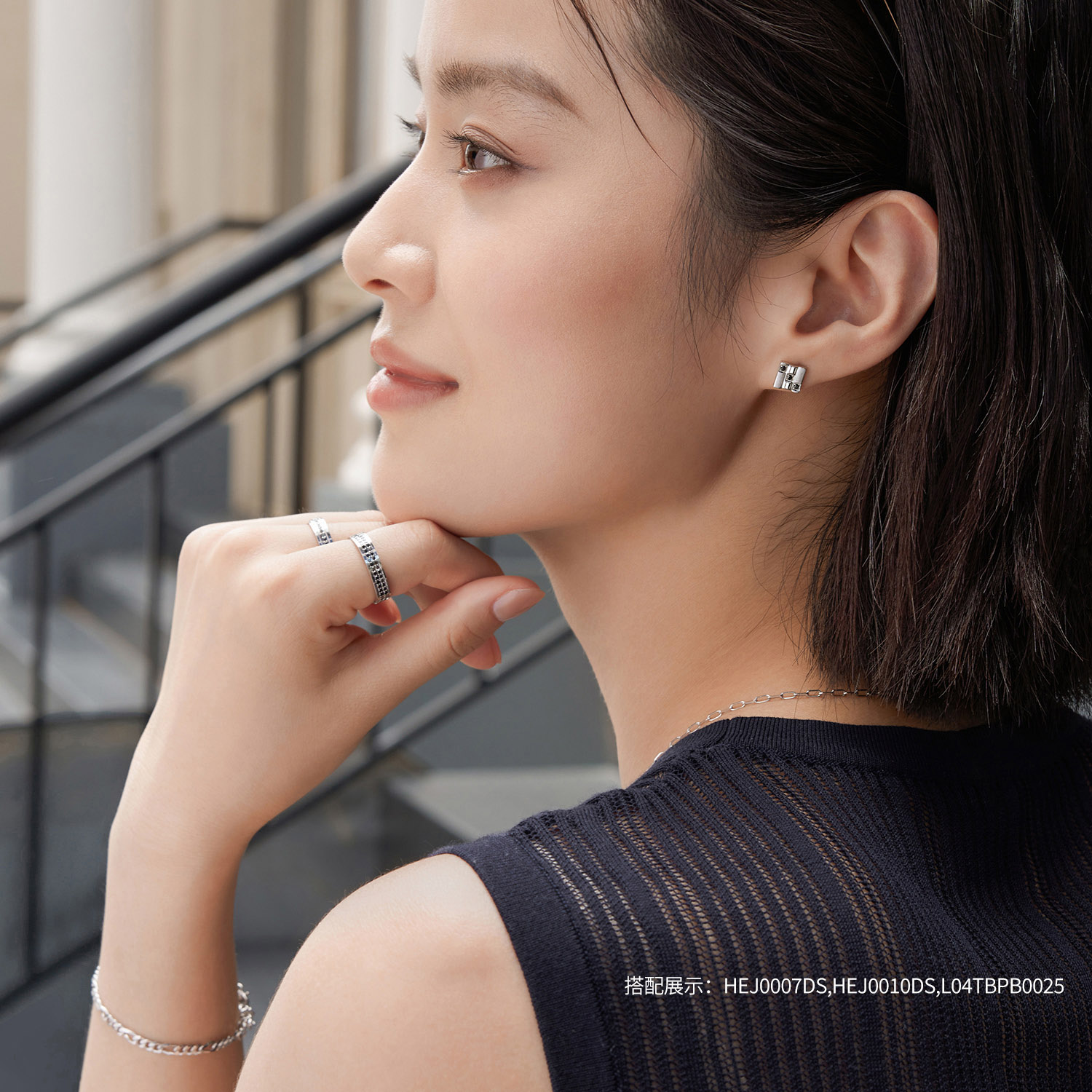 六福珠宝黑钻方圆铂金戒指铂950男女款钻石方戒白金对戒HEJ0008DS【1V1直播看货】