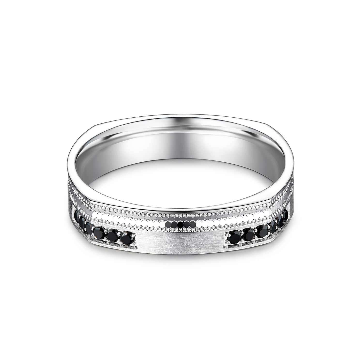 六福珠宝黑钻方圆铂金戒指铂950男女款手工拉丝白金对戒HEJ0004DS【1V1直播看货】